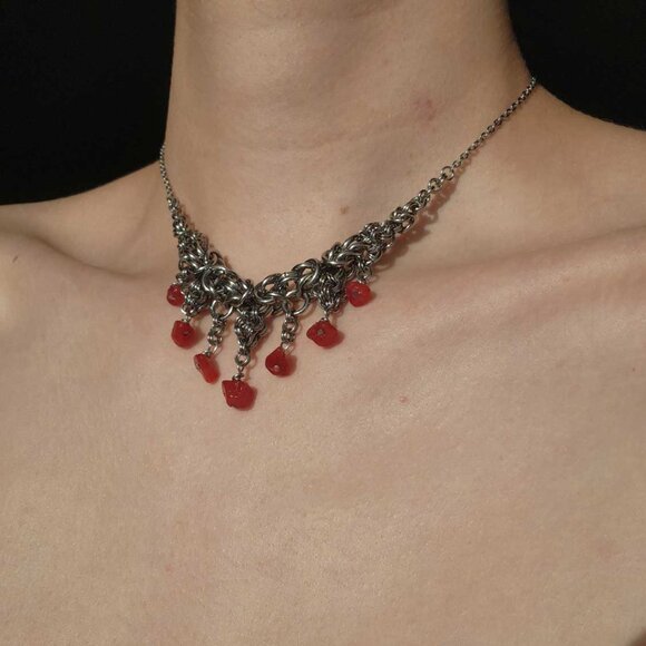 Gothic red vampire chandelier chunky silver necklace - Picture 3 of 9